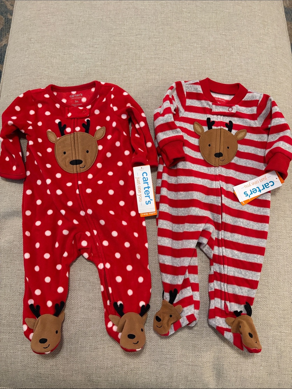 Carter's Reindeer Matching Footed One-Piece Sleepers NWT Size 3 months (2 pair)